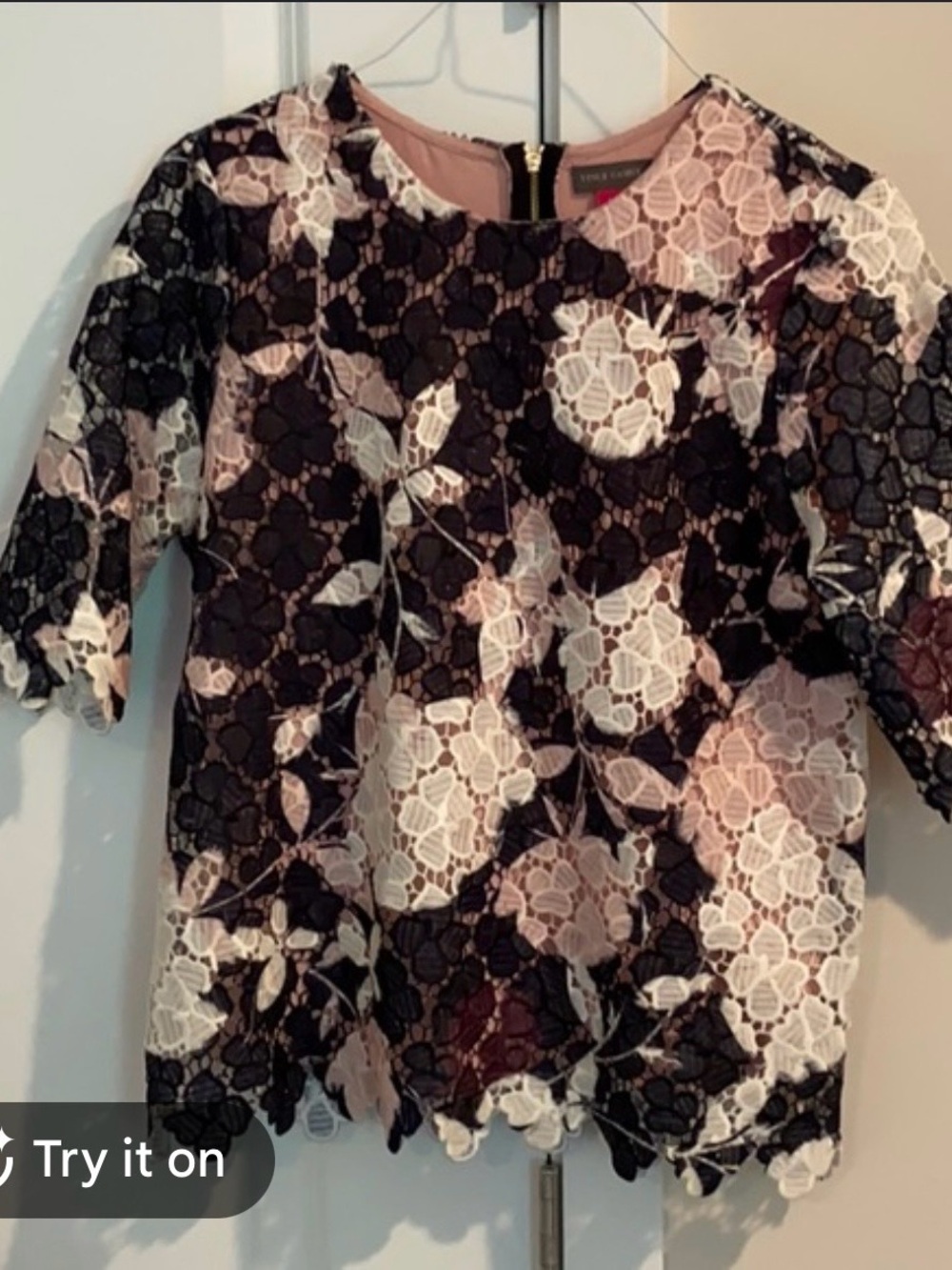 Vince Camuto Black and Pink Floral Lace Blouse
